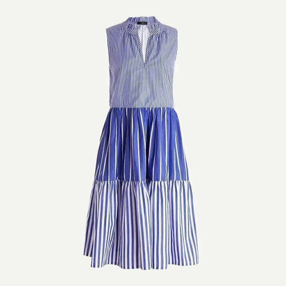 J. Crew Sleeveless Tiered Popover Dress in Mixed Stripe Size XS NWOT